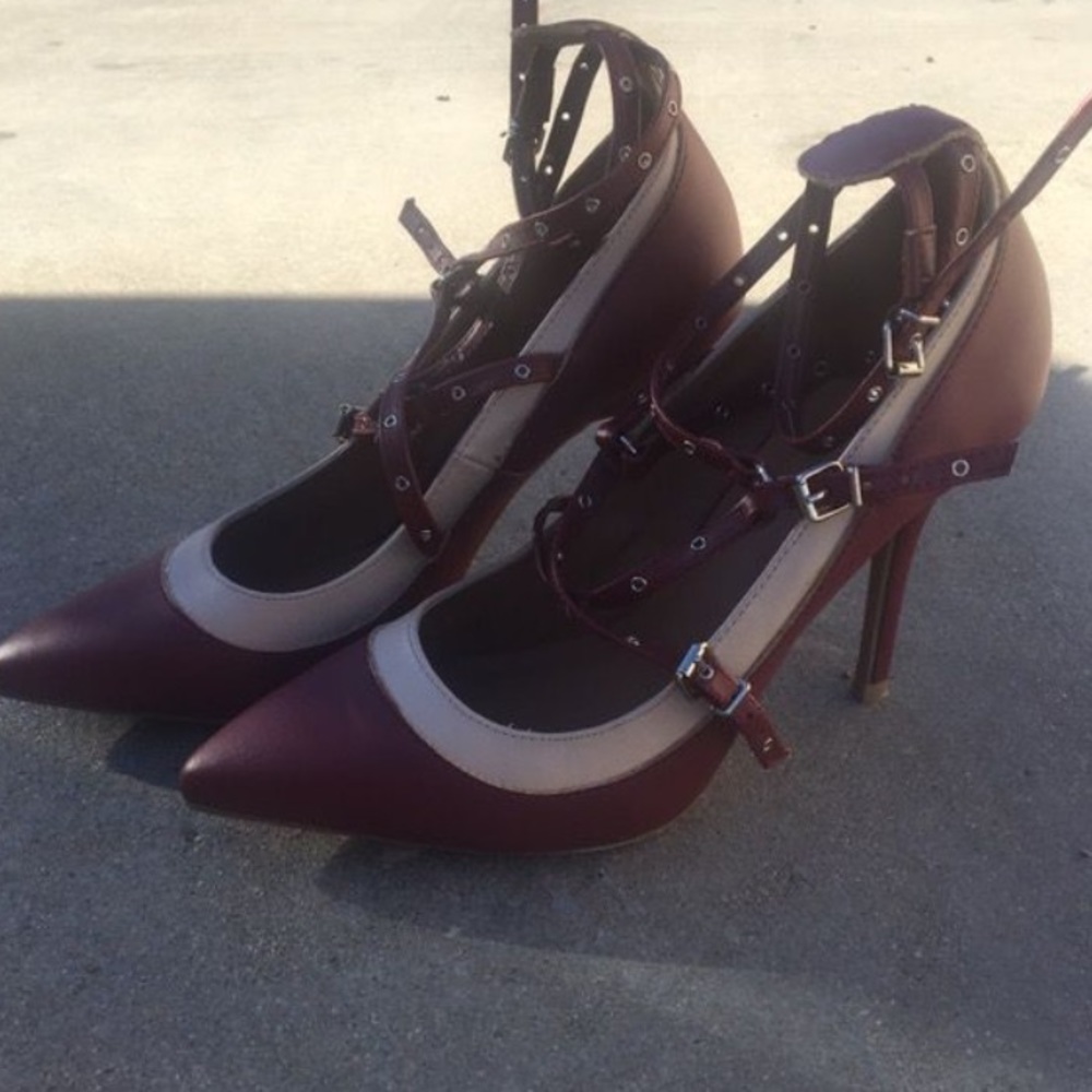 Burgundy and beige strap up wrap heels - Picture 2 of 4